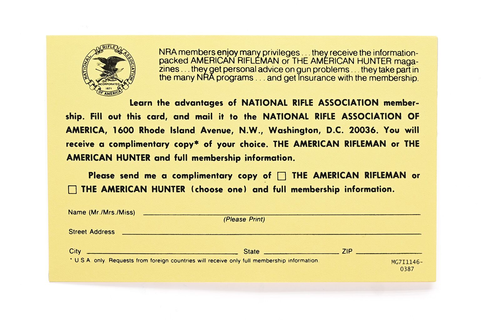NRA Membership Mailer. Yellow Card. Part #MG7I1146-0387